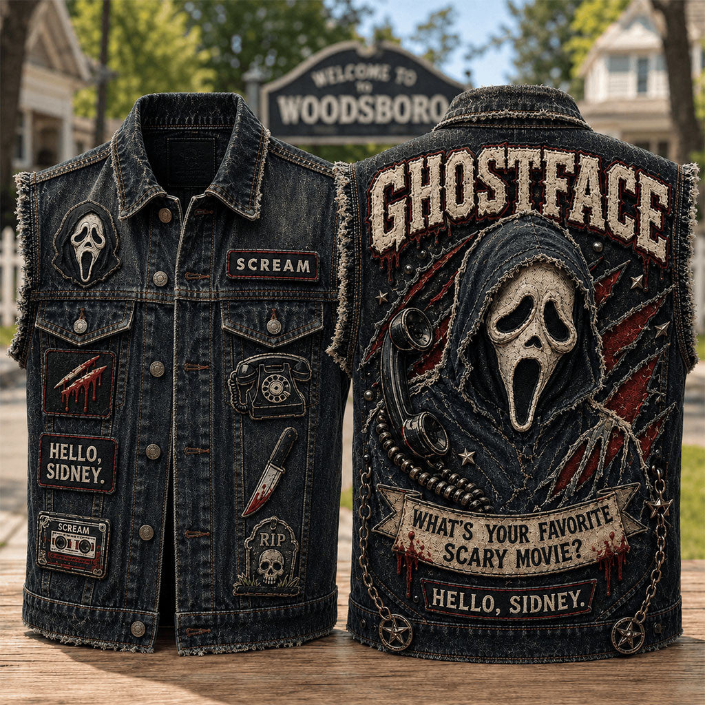 Ghostface What's Your Favorite Scary Movie Denim Vest Hello Sidney Scream Merch Horror Fan Gift - Merchluma