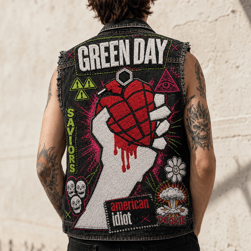 Green Day American Idiot Denim Vest Saviors Green Day Merch Gift For Band Fans - Merchluma