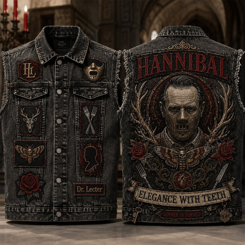 Hannibal Elegance With Teeth Denim Vest Hannibal Merch Gift For Horror Fans - Merchluma