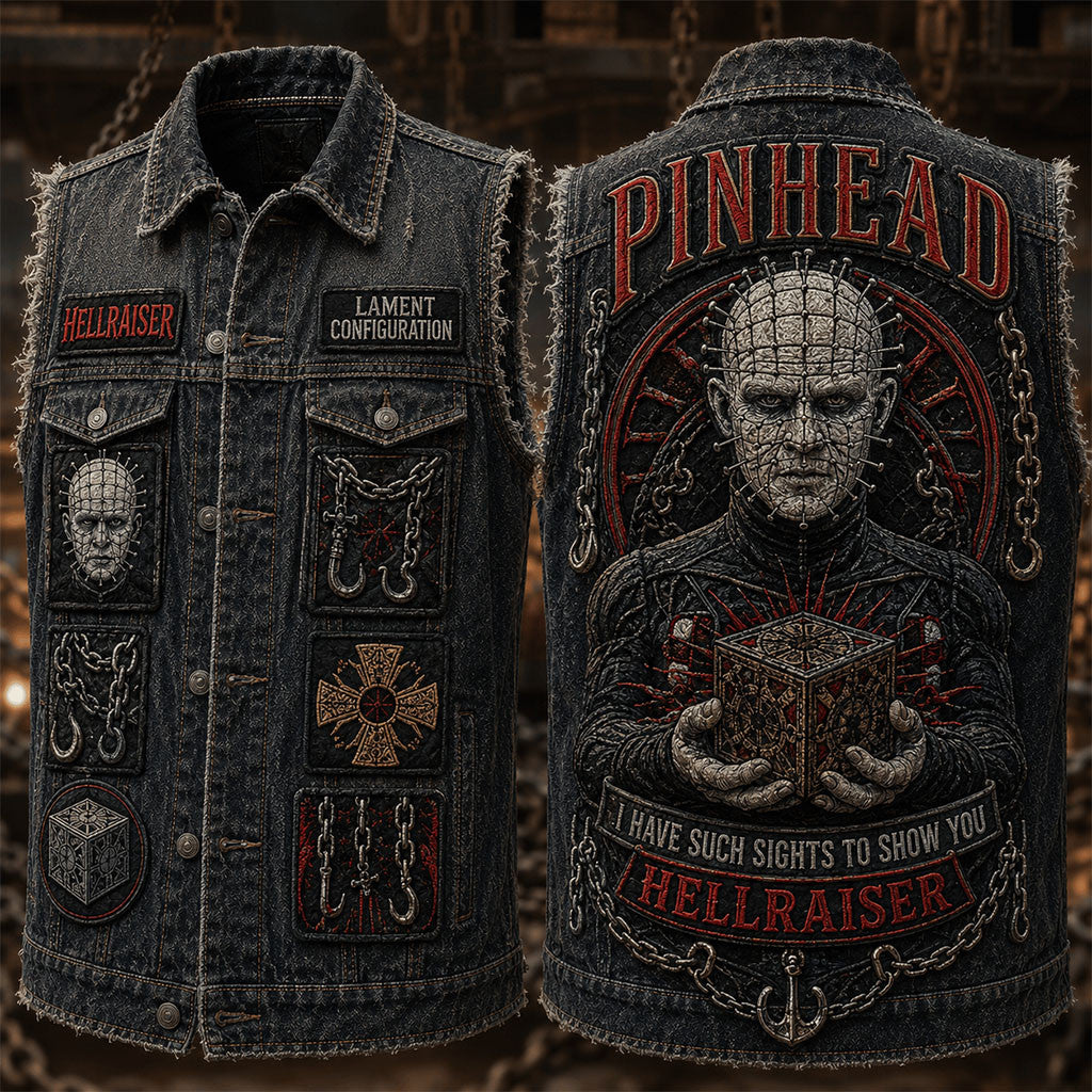 Hellraiser Pinhead I Have Such Sights To Show You Denim Vest Hellraiser Merch Horror Fan Gifts - Merchluma