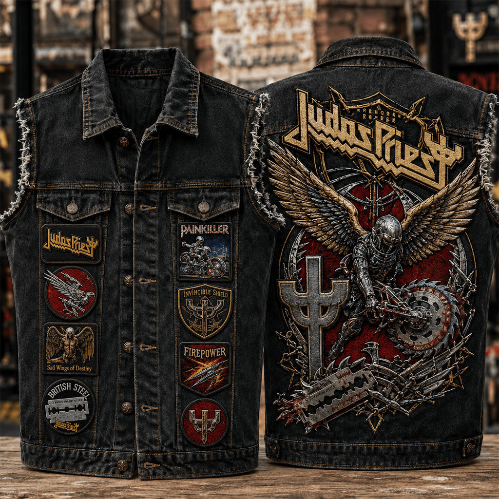 Judas Priest Painkiller Denim Vest Invincible Shield Judas Priest Merch Gift For Band Fans - Merchluma