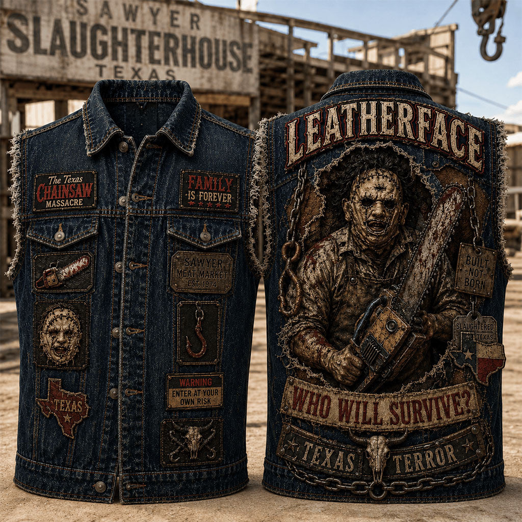 Leatherface Who Will Survive Denim Vest The Texas Chainsaw Massacre Merch Horror Fan Gifts - Merchluma