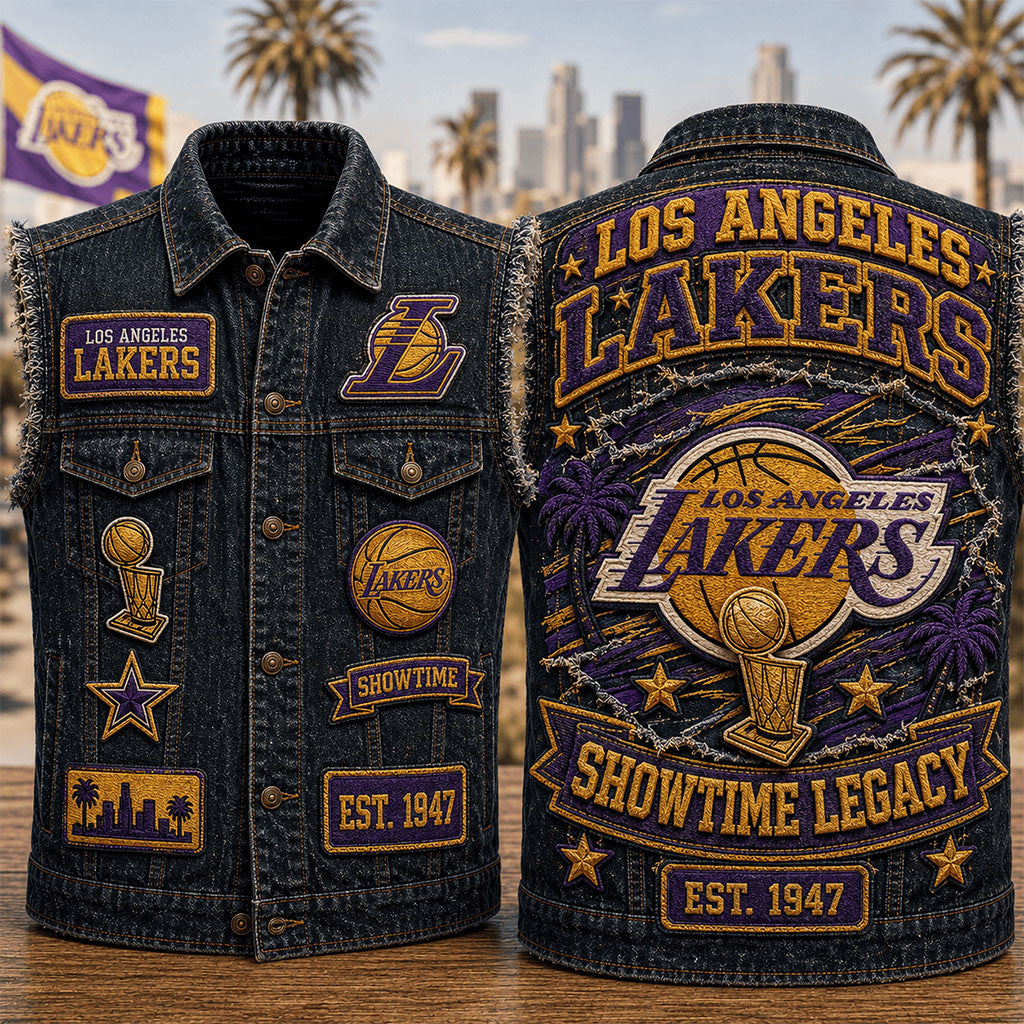 Los Angeles Lakers Showtime Legacy Denim Vest LA Lakers Merch Present For Basketball Fans - Merchluma