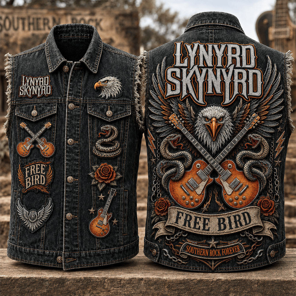 Lynyrd Skynyrd Free Bird Denim Vest Southern Rock Forever Lynyrd Skynyrd Merch Fan Gifts - Merchluma