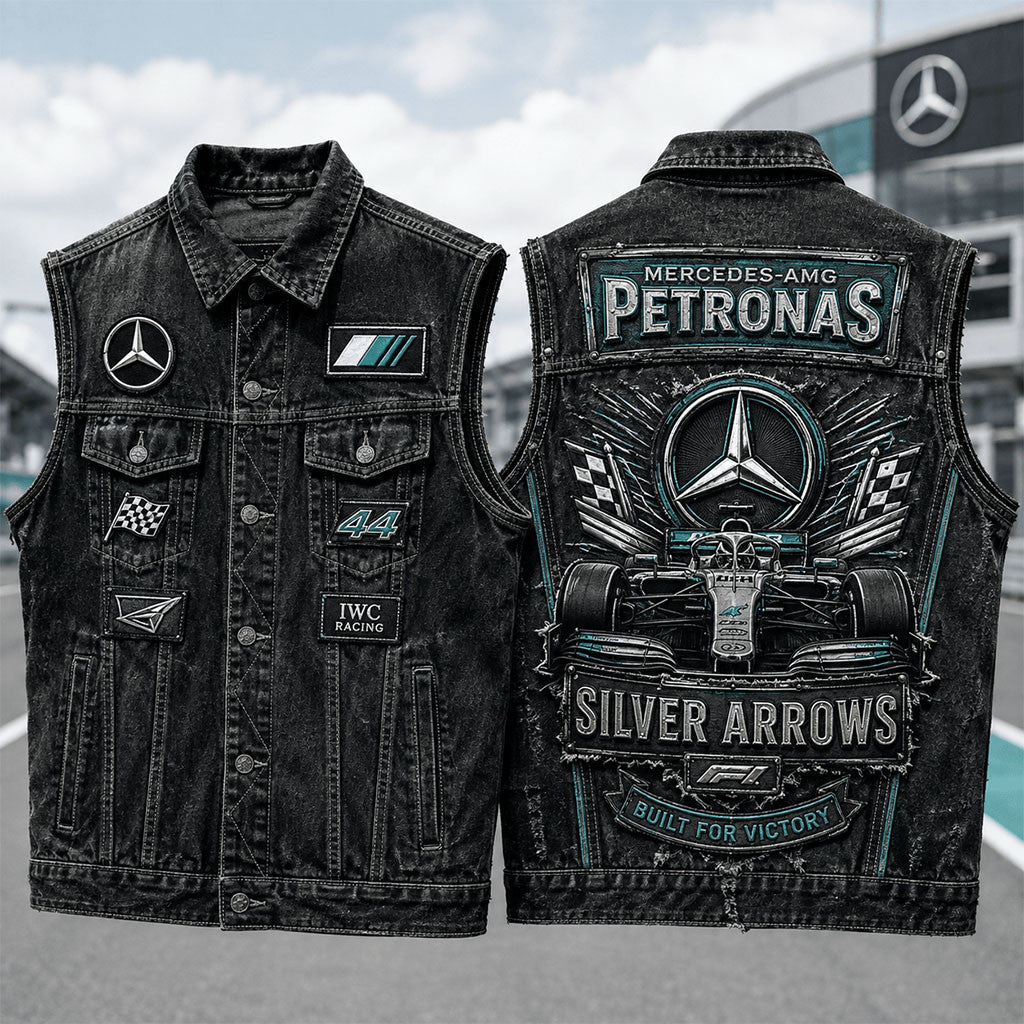 Mercedes AMG Petronas Silver Arrows Denim Vest Built For Victory Mercedes Merch F1 Fan Gifts - Merchluma