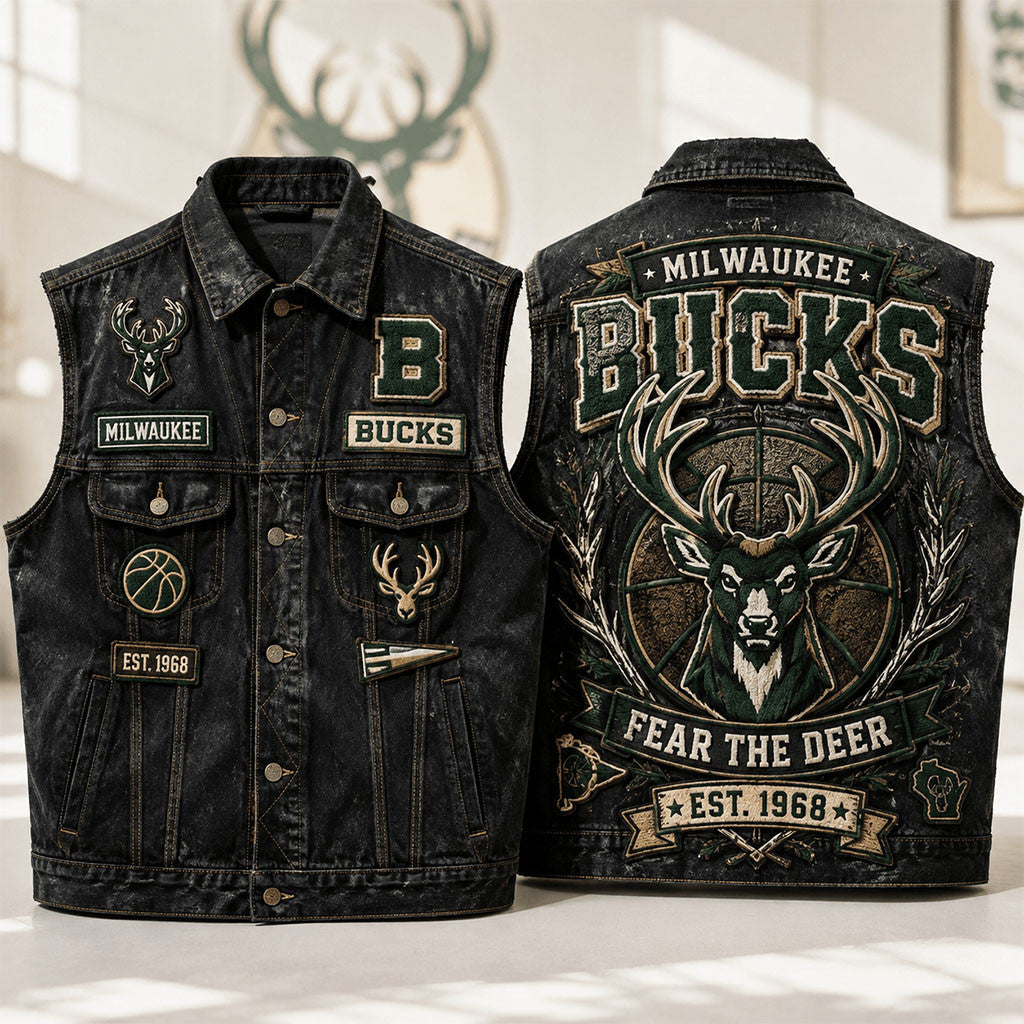 Milwaukee Bucks Fear The Deer Est 1968 Denim Vest Milwaukee Bucks Merch Basketball Fan Gifts - Merchluma