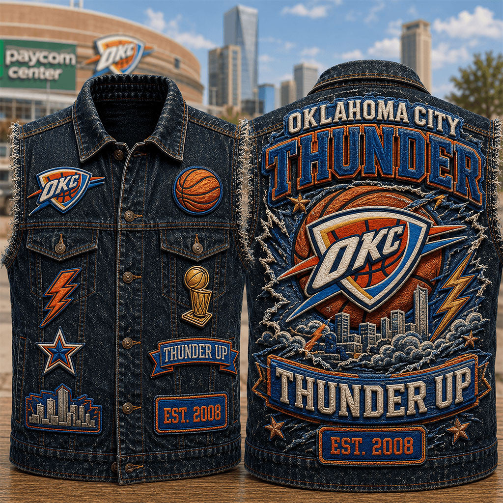 Oklahoma City Thunder Up Denim Vest OKC Thunder Merch Gift For Basketball Enthusiast - Merchluma