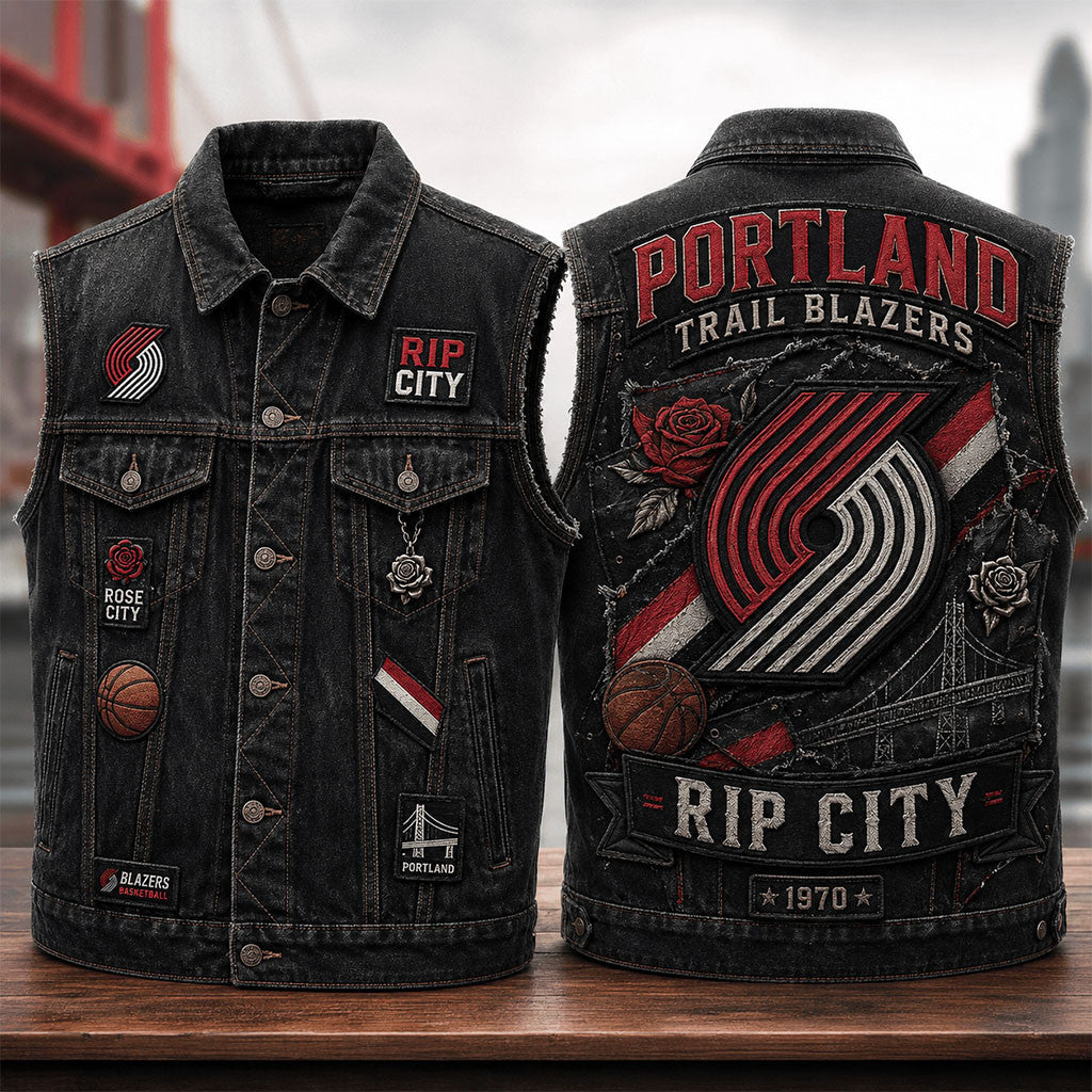 Portland Trail Blazers Rip City Denim Vest Portland Trail Blazers Merch Basketball Fan Gifts - Merchluma