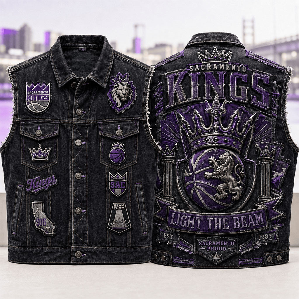 Sacramento Kings Light The Beam Denim Vest Sacramento Kings Merch Basketball Fan Gear - Merchluma