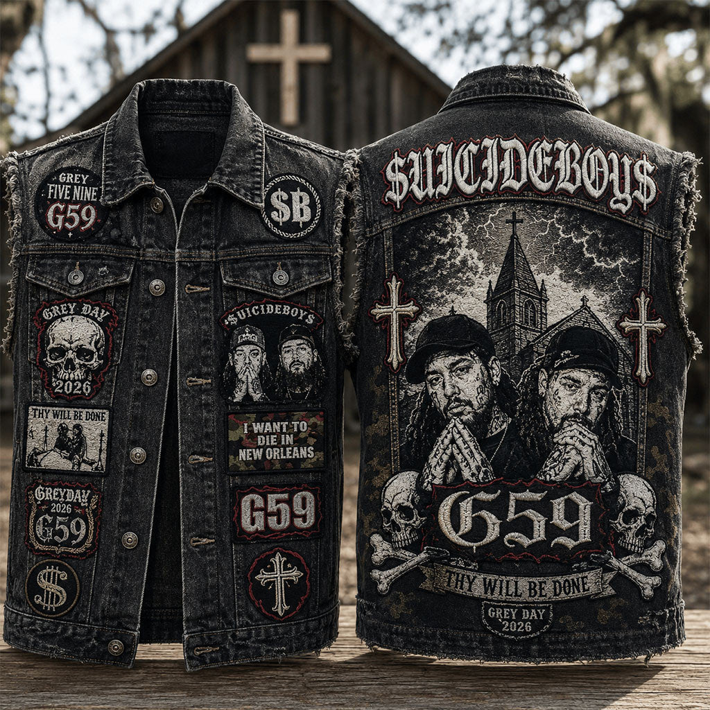 SuicideboyS G59 Thy Will Be Done Denim Vest Grey Day 2026 SuicideboyS Merch Gift For Fans - Merchluma