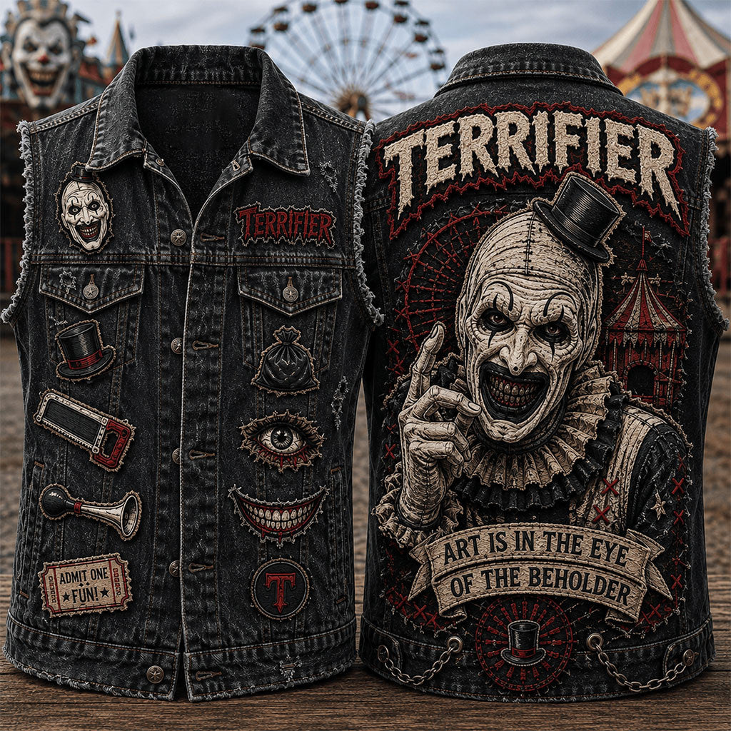 Terrifier Art Is In The Eye Of The Beholder Denim Vest Terrifier Merch Gift For Horror Fans - Merchluma