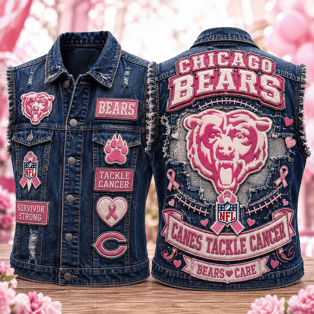 Chicago Bears Breast Cancer Awareness Denim Vest Canes Tackle Cancer Chicago Bears Merch - Merchluma