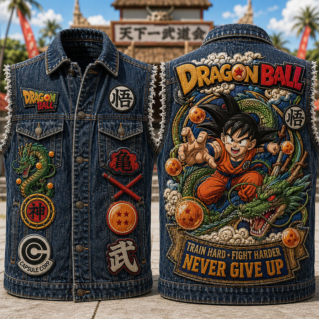 Dragon Ball Train Hard Fight Harder Never Give Up Denim Vest Dragon Ball Merch Anime Fan Gifts - Merchluma