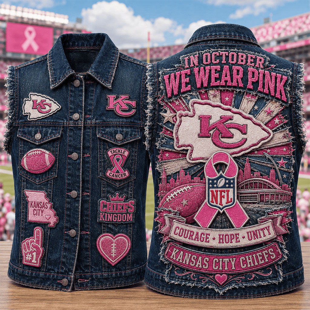 Kansas City Chiefs In October We Wear Pink Denim Vest Chiefs Merch Breast Cancer Warrior Gifts - Merchluma