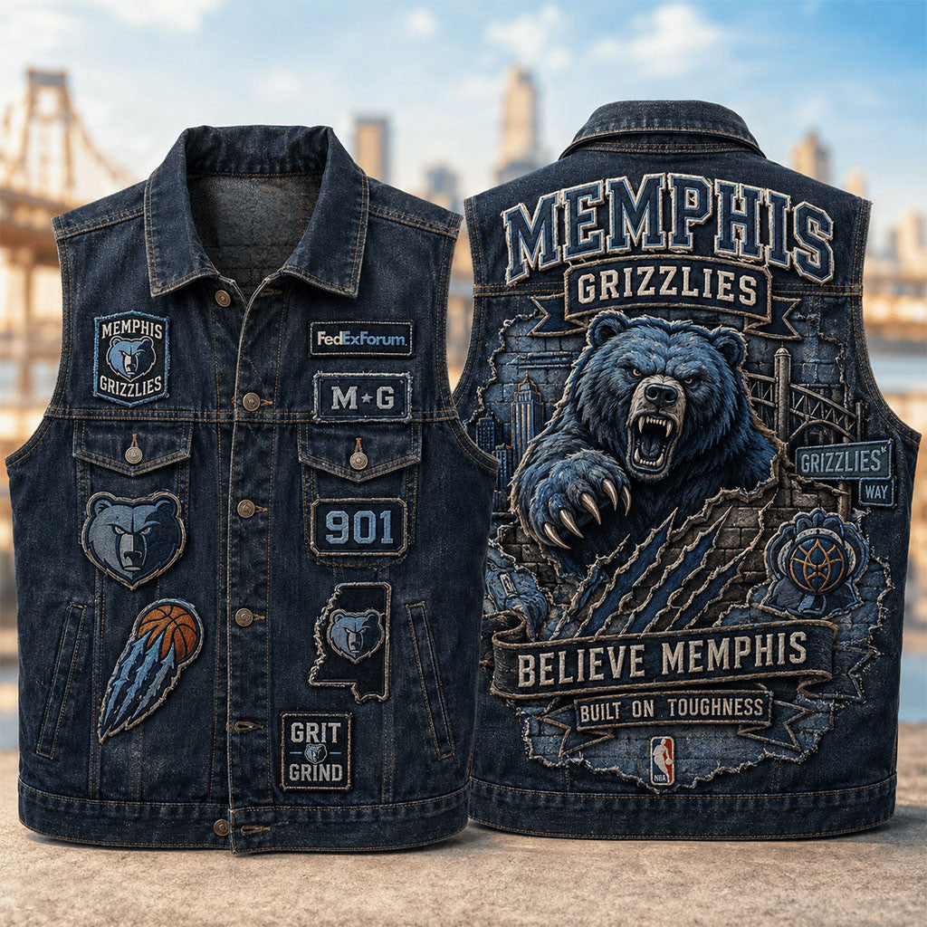 Memphis Grizzlies Merch Believe Memphis Built On Toughness Denim Vest Gift For Basketball Lover - Merchluma