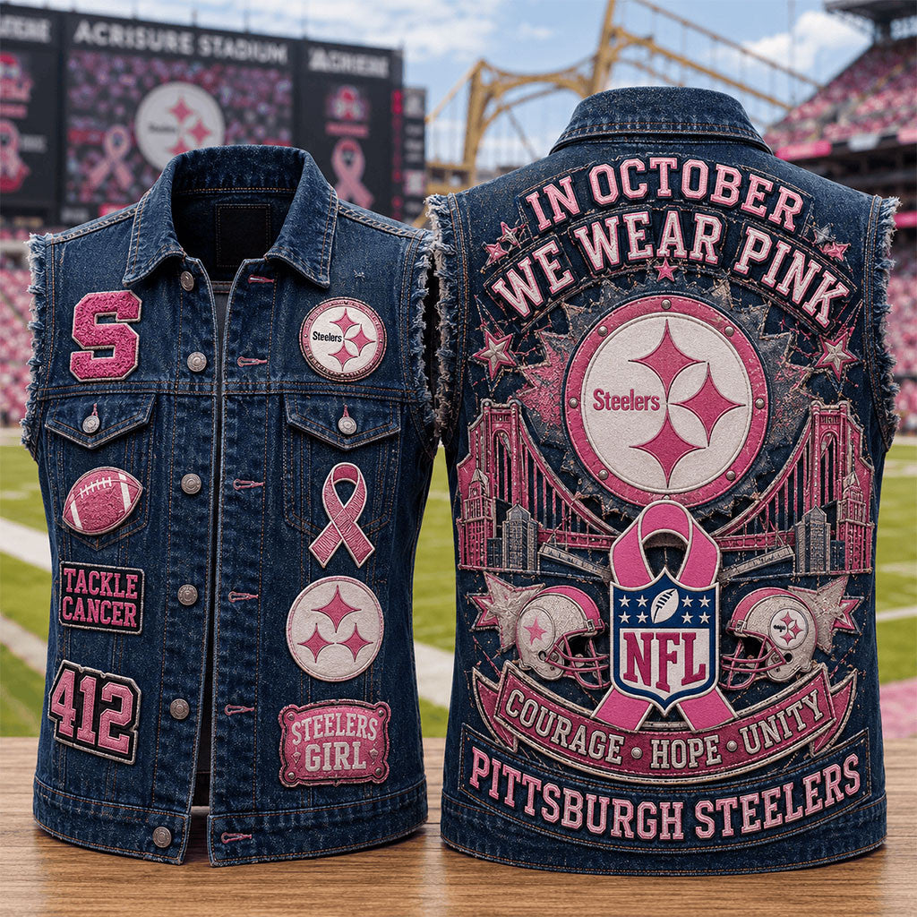 Pittsburgh Steelers In October We Wear Pink Denim Vest Steelers Merch Breast Cancer Awareness - Merchluma