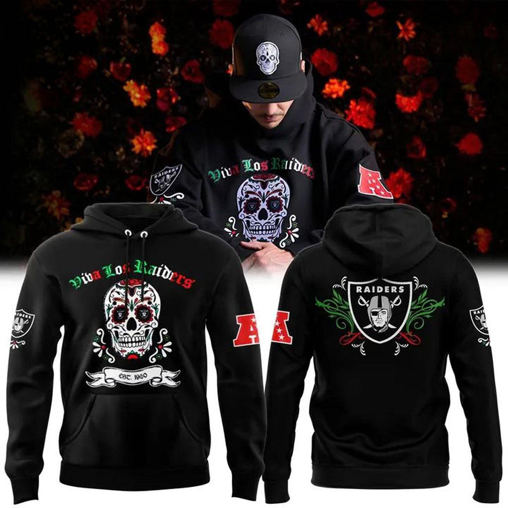 LV Raiders Viva Los Raiders 2026 Dia de los Muertos Sugar Skull Hoodie Raiders Merch Fan Gifts - Merchluma