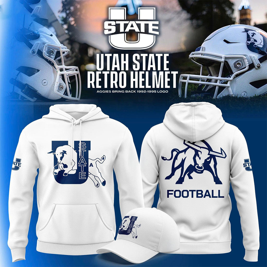 Utah State Aggies Retro Logo White Hoodie Utah State Football Merch Game Day Gift Ideas - Merchluma