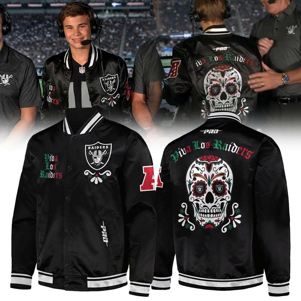 LV Raiders Viva Los Raiders 2026 Dia de los Muertos Sugar Skull Baseball Jacket Raiders Merch - Merchluma