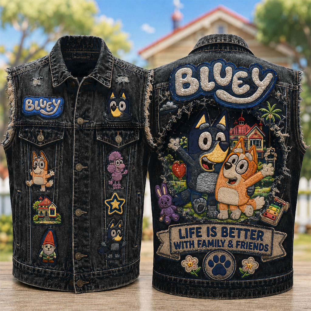 Bluey Life Is Better With Family And Friends Denim Vest Bluey Merch Birthday Gift For BFF - Merchluma
