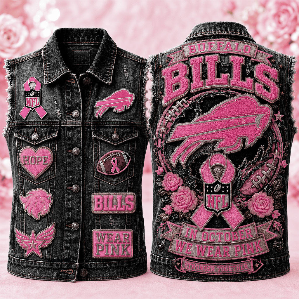 Buffalo Bills Breast Cancer Awareness Denim Vest In October We Wear Pink Buffalo Bills Merch - Merchluma