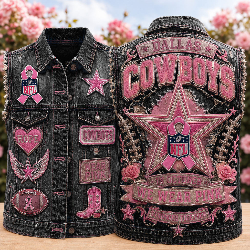 Dallas Cowboys In October We Wear Pink Denim Vest Breast Cancer Awareness Clothing Fan Merch - Merchluma