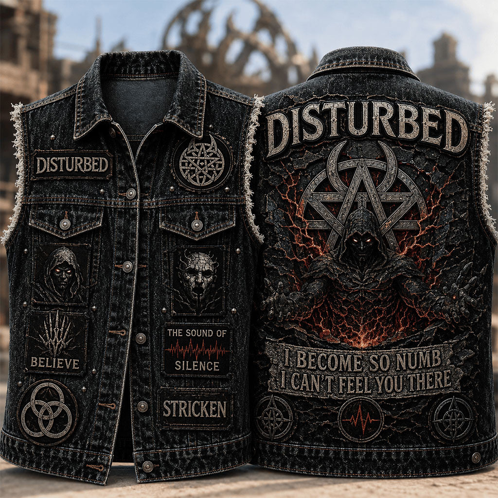 Disturbed I Become So Numb I Can't Feel You There Denim Vest Disturbed Band Merch Fan Gifts - Merchluma