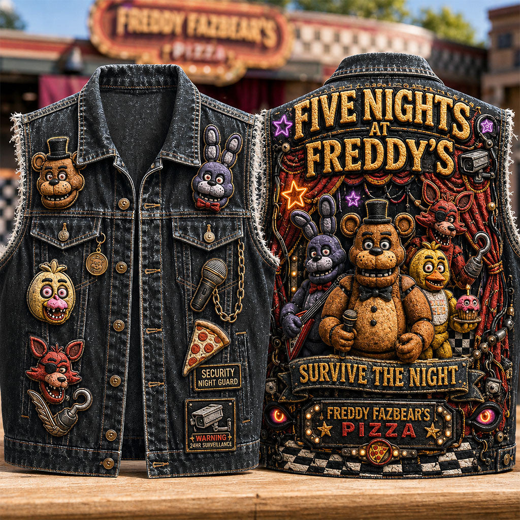 Five Night At Freddy's Survive The Night Denim Vest 5NAF Merch Gift For Horror Fans - Merchluma