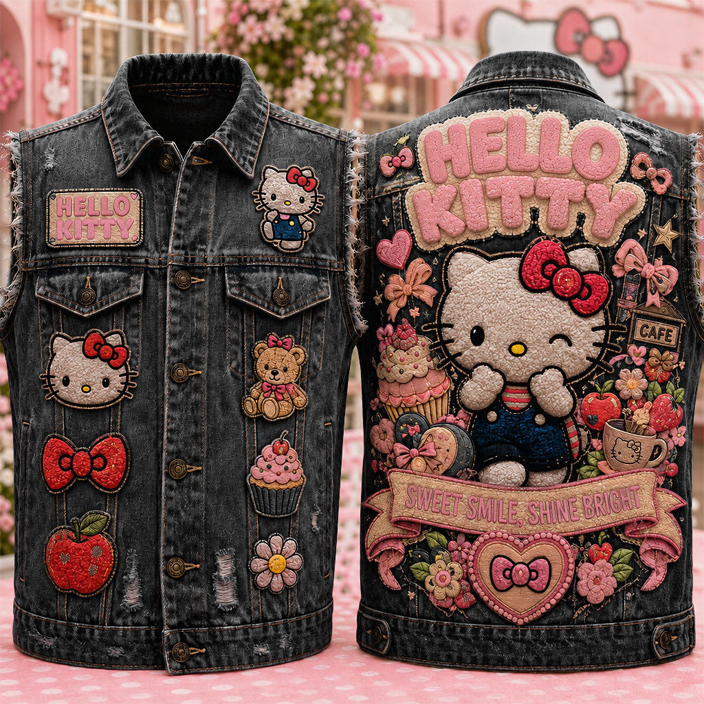 Hello Kitty Sweet Smile Shine Bright Denim Vest Hello Kitty Merch Cute Gifts For Her - Merchluma