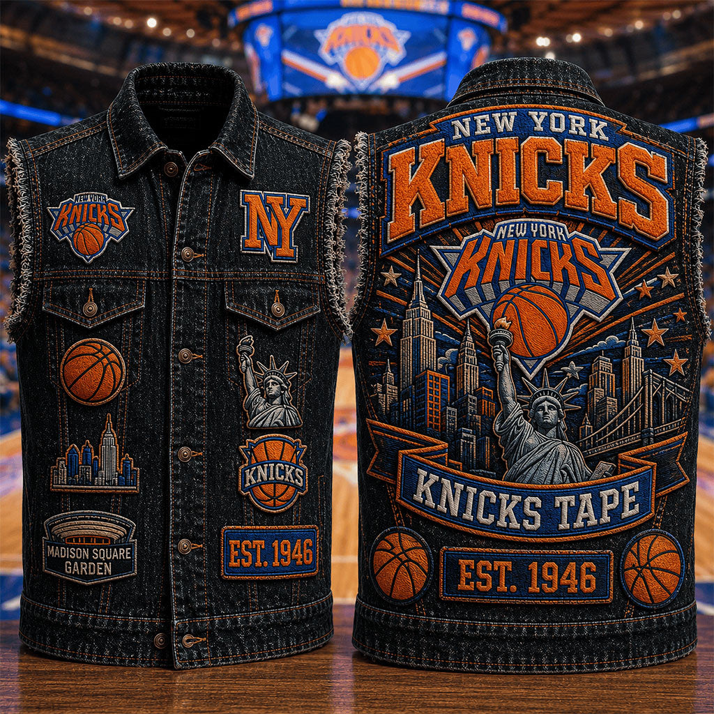 New York Knicks Tape Denim Vest NY Knicks Merch Present For Basketball Lovers - Merchluma