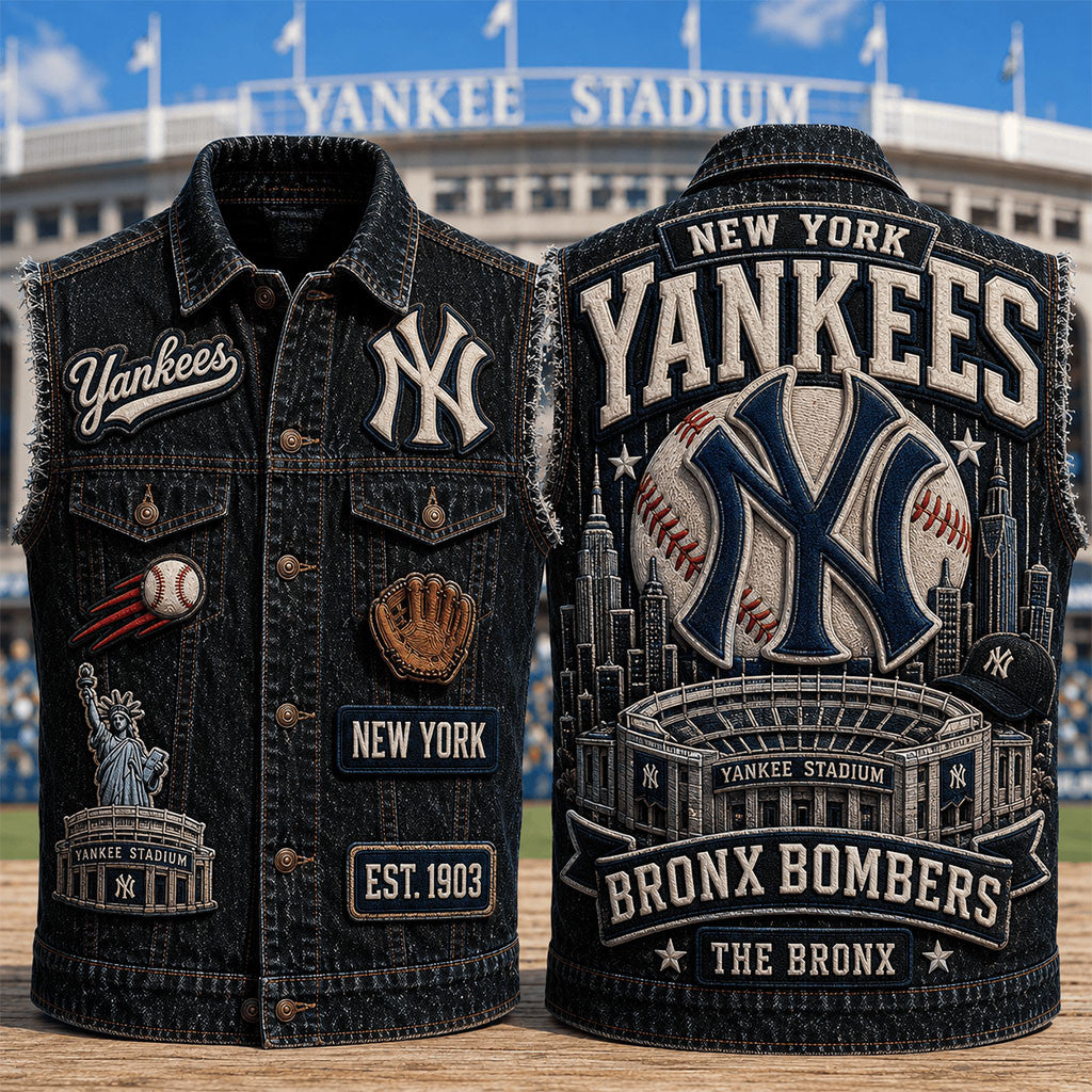New YorK Yankees Bronx Bombers Denim Vest NY Yankees Merch Gift For Baseball Fans - Merchluma