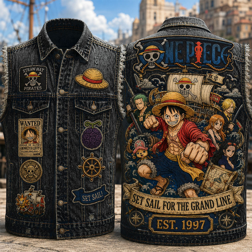 One Piece Set Sail For The Grand Line Denim Vest One Piece Merch Gifts For Anime Fans - Merchluma