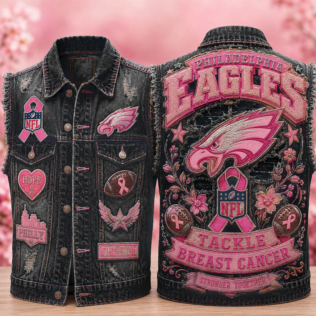 Philadelphia Eagles Tackle Breast Cancer Denim Vest Eagles Merch Gift For Football Fans - Merchluma