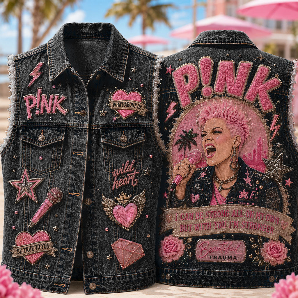 Pink Beautiful Trauma Denim Vest Pink Merch Unique Gifts For Music Lovers - Merchluma
