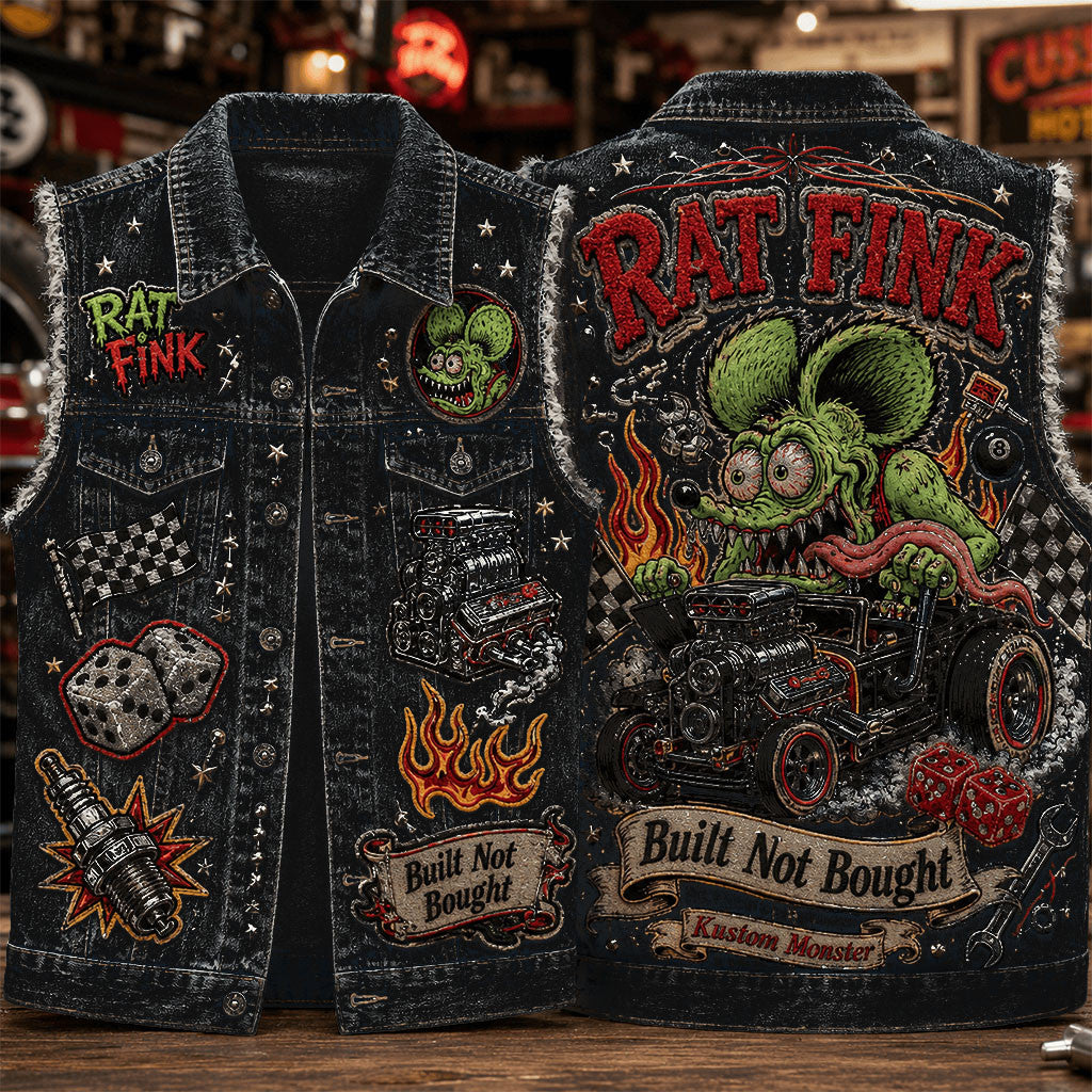 Rat Fink Built Not Bought Denim Vest Rat Fink Merch Unique Gift For Brothers - Merchluma