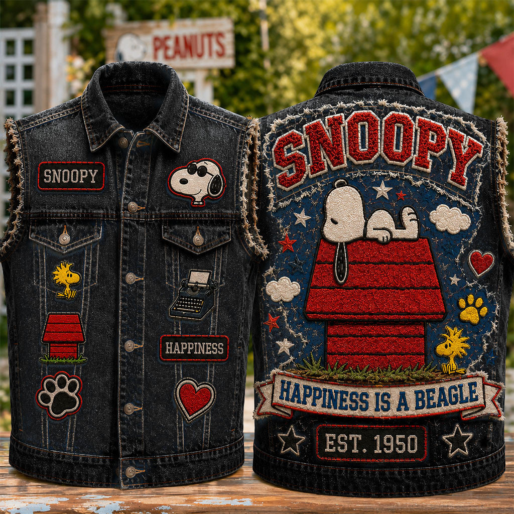 Snoopy Happiness Is A Beagle Est 1950 Denim Vest Snoopy Merch Present For Friends - Merchluma