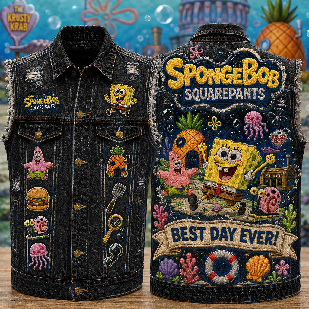 SpongeBob SquarePants Best Day Ever Denim Vest SpongeBob SquarePants Merch Cute Gift Ideas - Merchluma