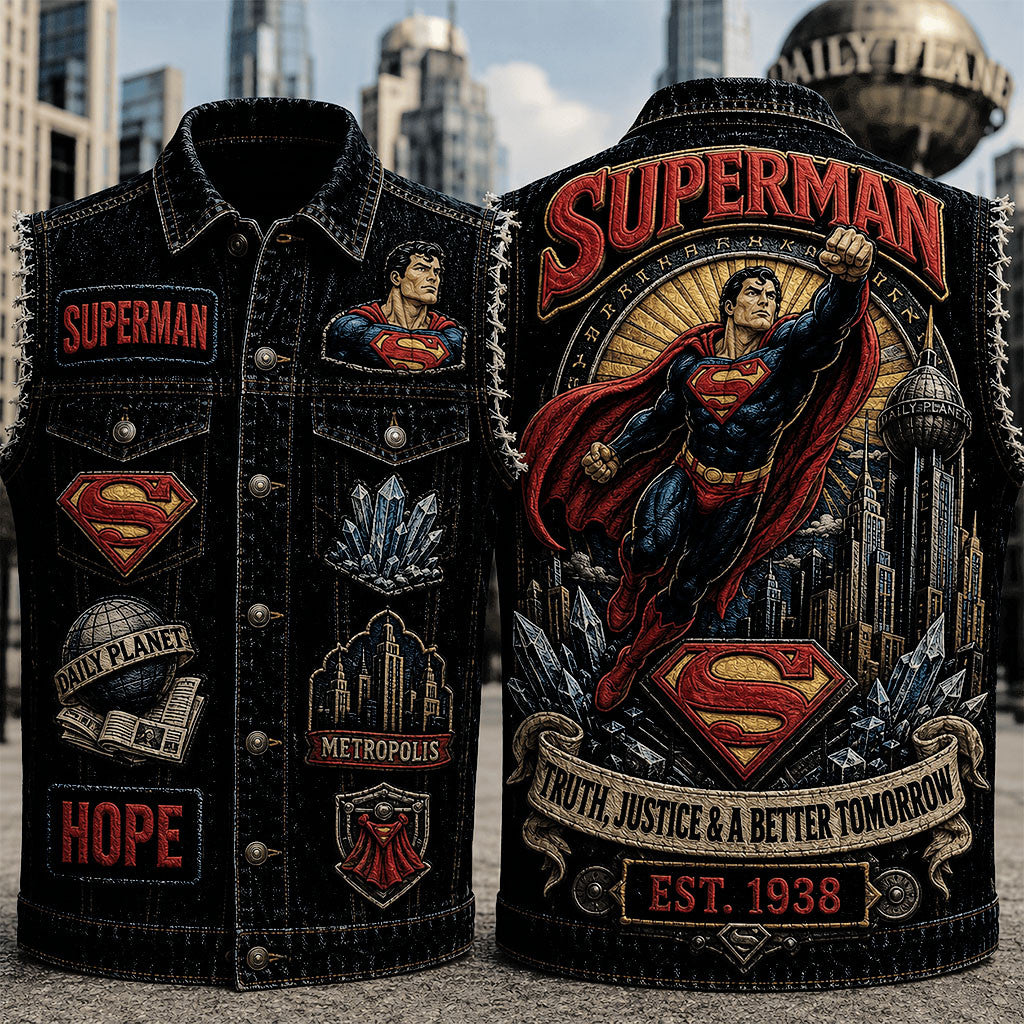Superman Truth Justice And A Better Tomorrow Denim Vest Superman Merch Gift For Son - Merchluma