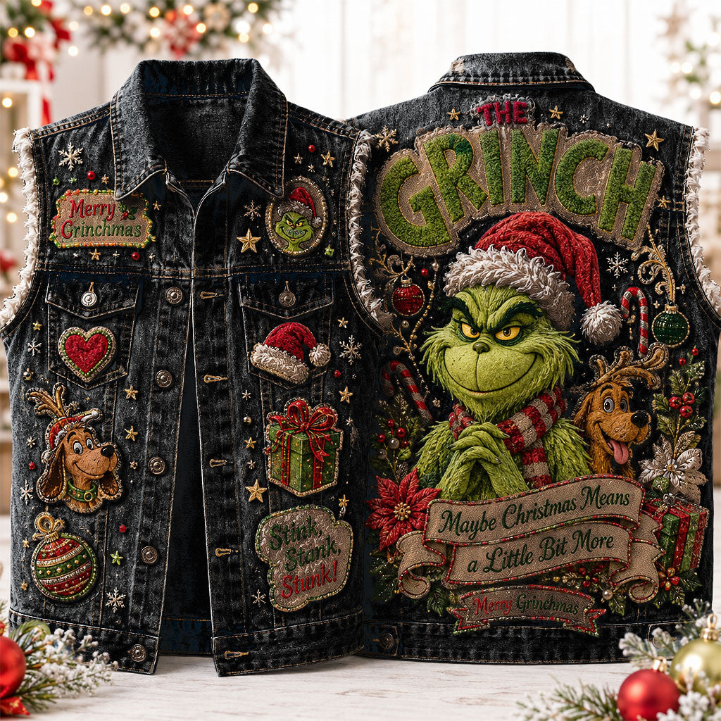 The Grinch Maybe Christmas Means A Little Bit More Denim Vest Merry Grinchmas The Grinch Merch - Merchluma