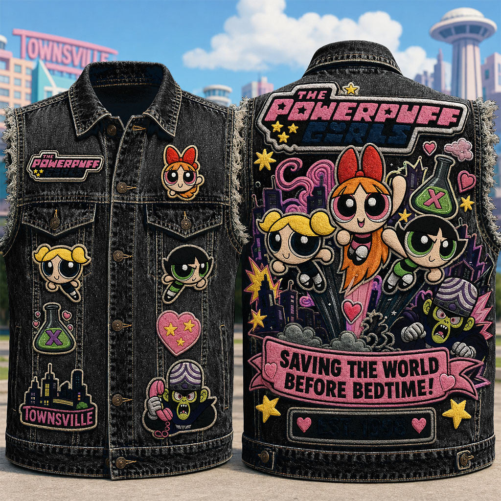 The Powerpuff Girls Mech Saving The World Before Bedtime Denim Vest Birthday Gift For Her - Merchluma
