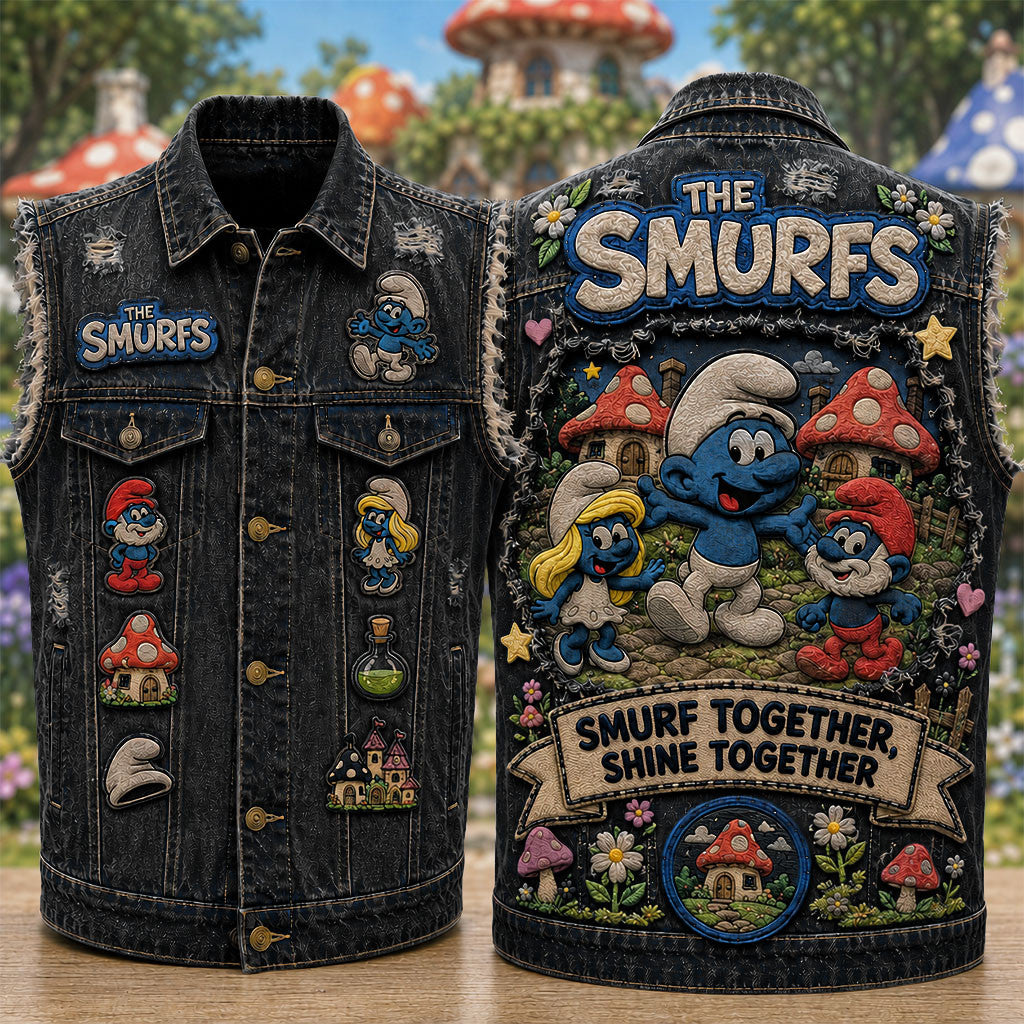 The Smurfs Merch Smurf Together Shine Together Denim Vest Birthday Ideas For BFF - Merchluma