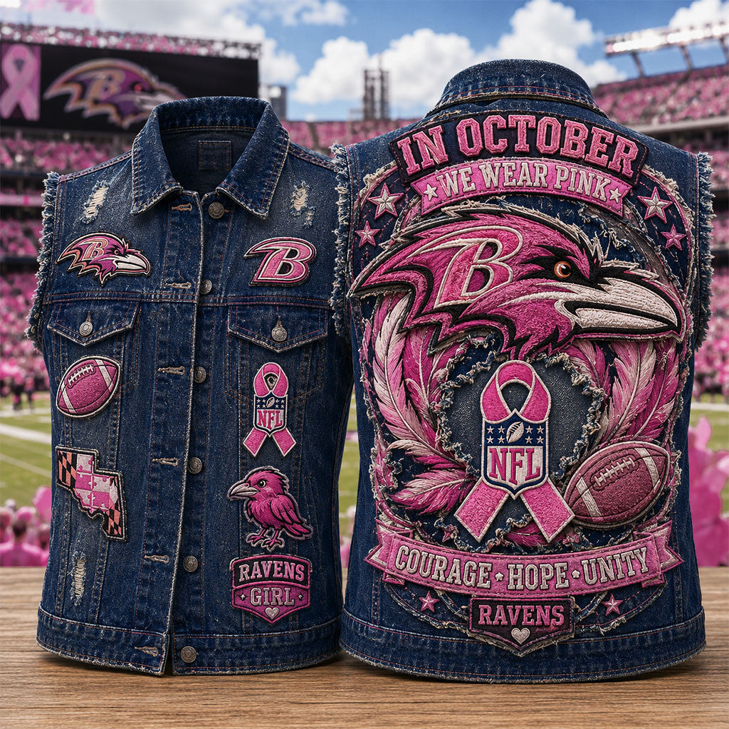 Baltimore Ravens In October We Wear Pink Denim Vest Courage Hope Unity Baltimore Ravens Merch - Merchluma