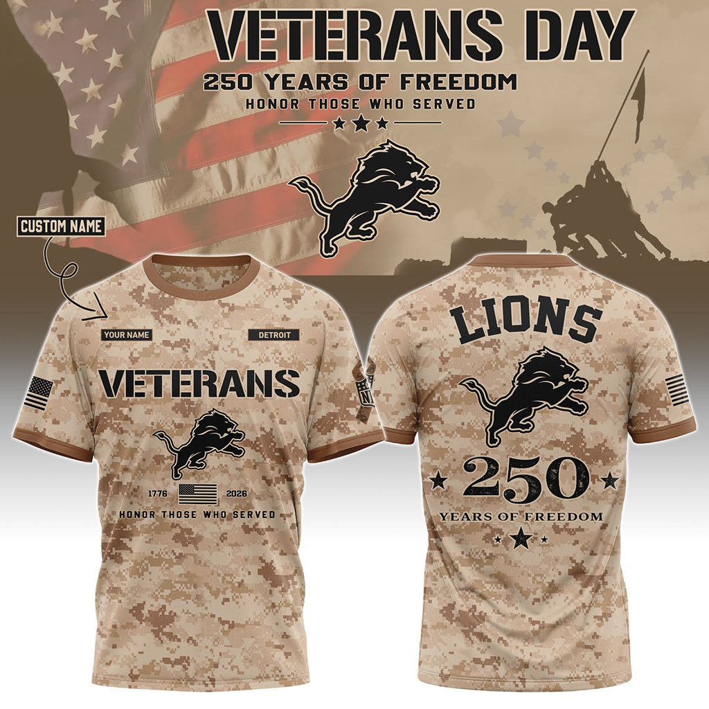 Personalized Detroit Lions Veterans Day 2026 T-Shirt Detroit Lions Merch Gift For Veteran - Merchluma