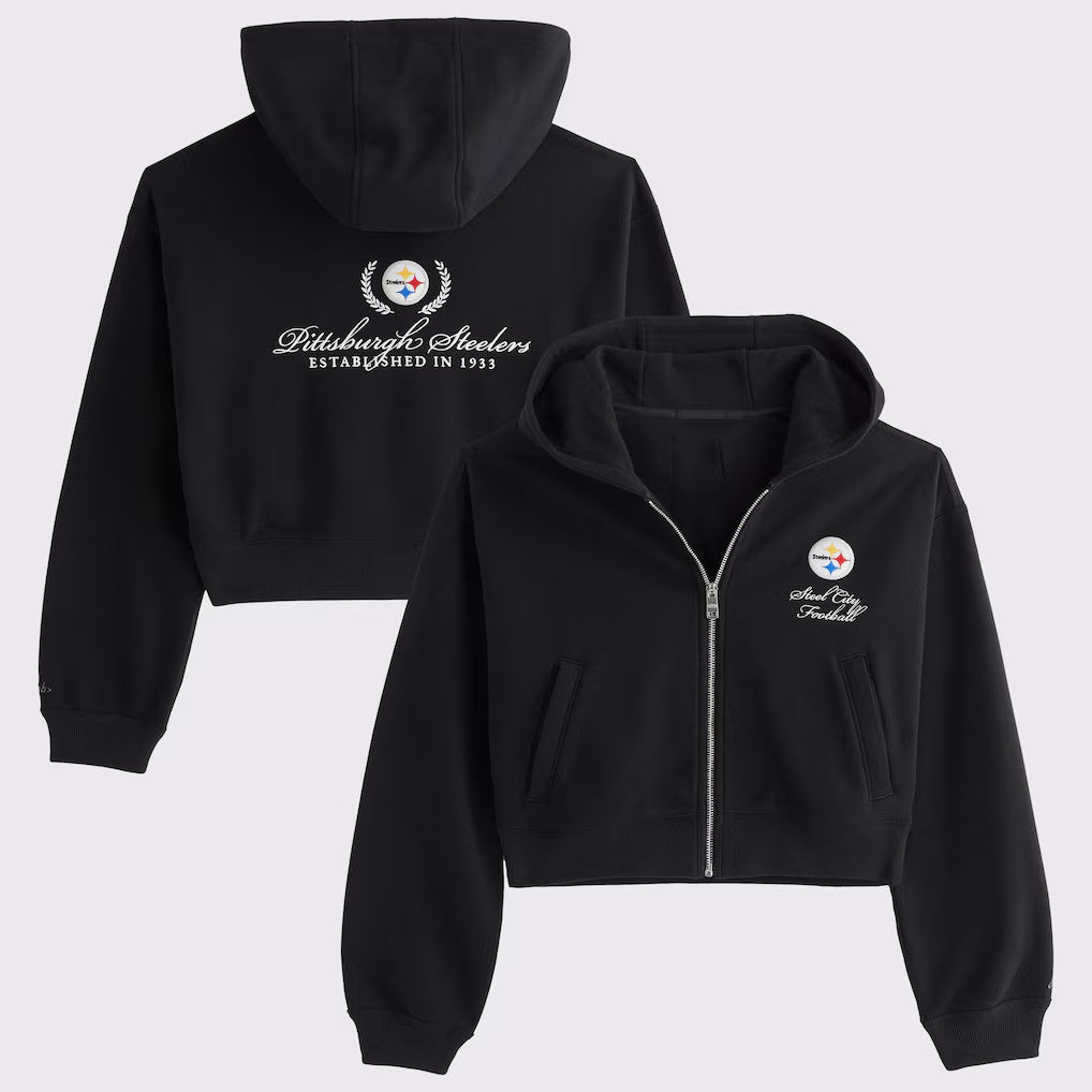 Pittsburgh Steelers Football Black Cropped Zip Hoodie Game Day Steelers Merch Fans Gifts - Merchluma
