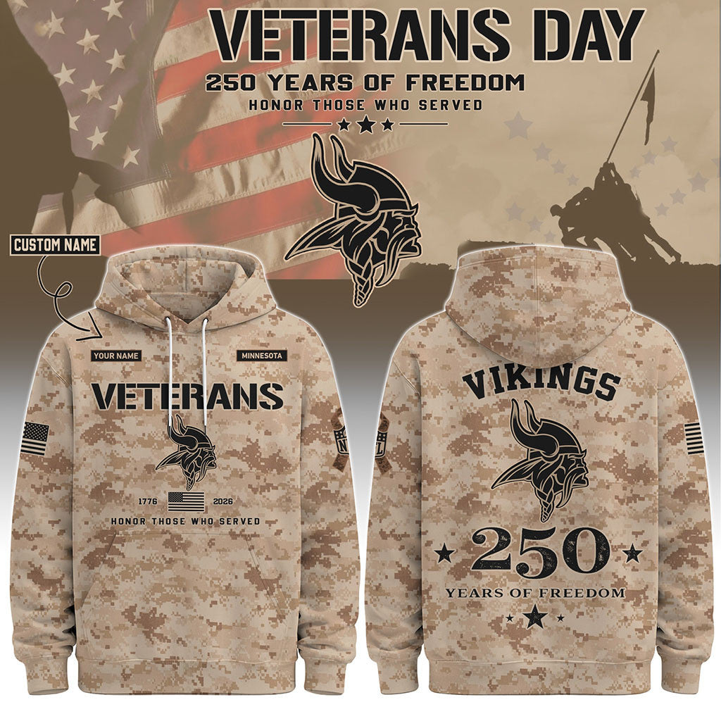 Personalized Minnesota Vikings Veterans Day 2026 Hoodie MN Vikings Merch Best Patriotic Gifts - Merchluma