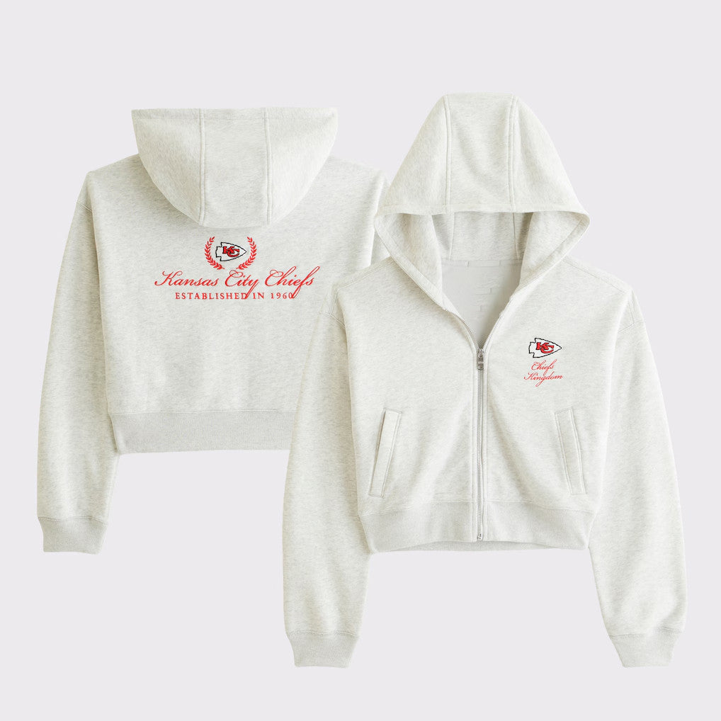 Kansas City Chiefs Football Grey Cropped Zip Hoodie Game Day KC Chiefs Merch Gifts For Fan - Merchluma