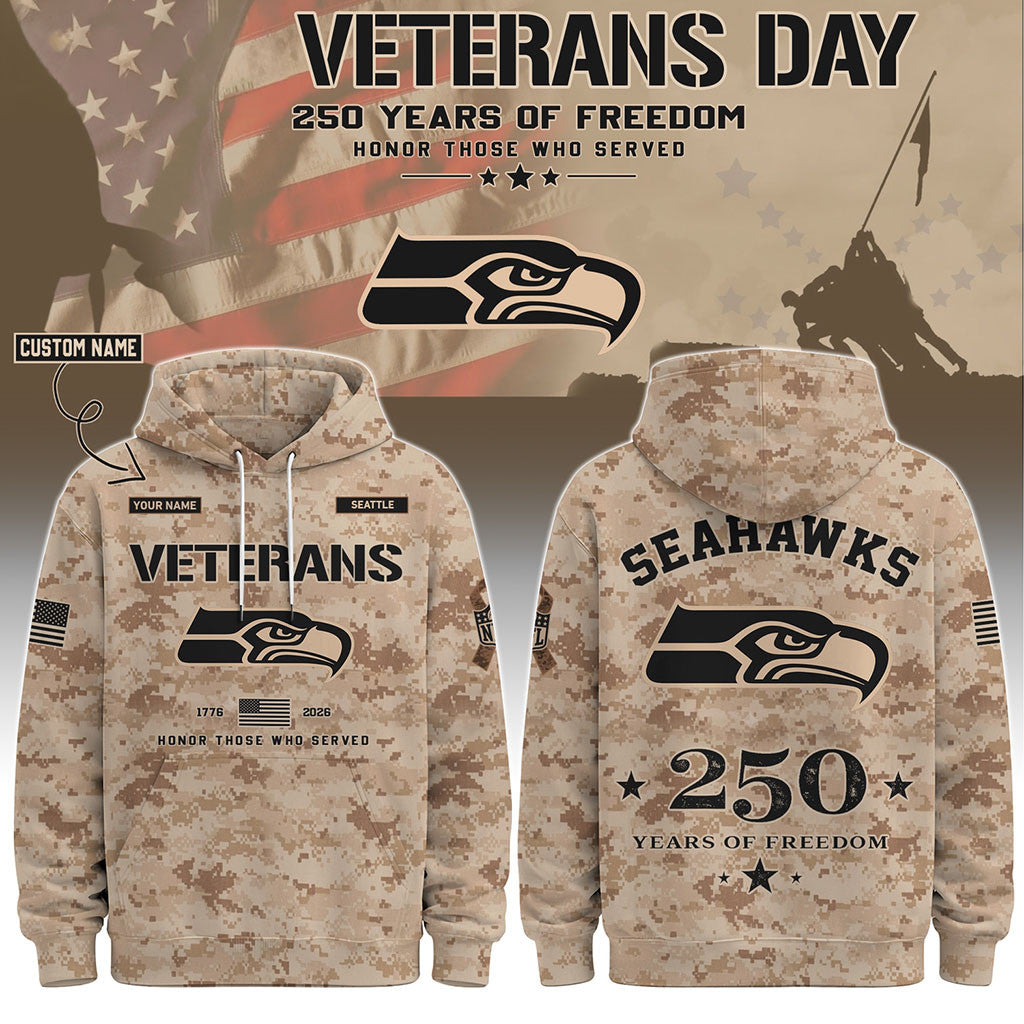 Personalized Seattle Seahawks Veterans Day 2026 Hoodie Seattle Seahawks Merch Patriotic Present - Merchluma