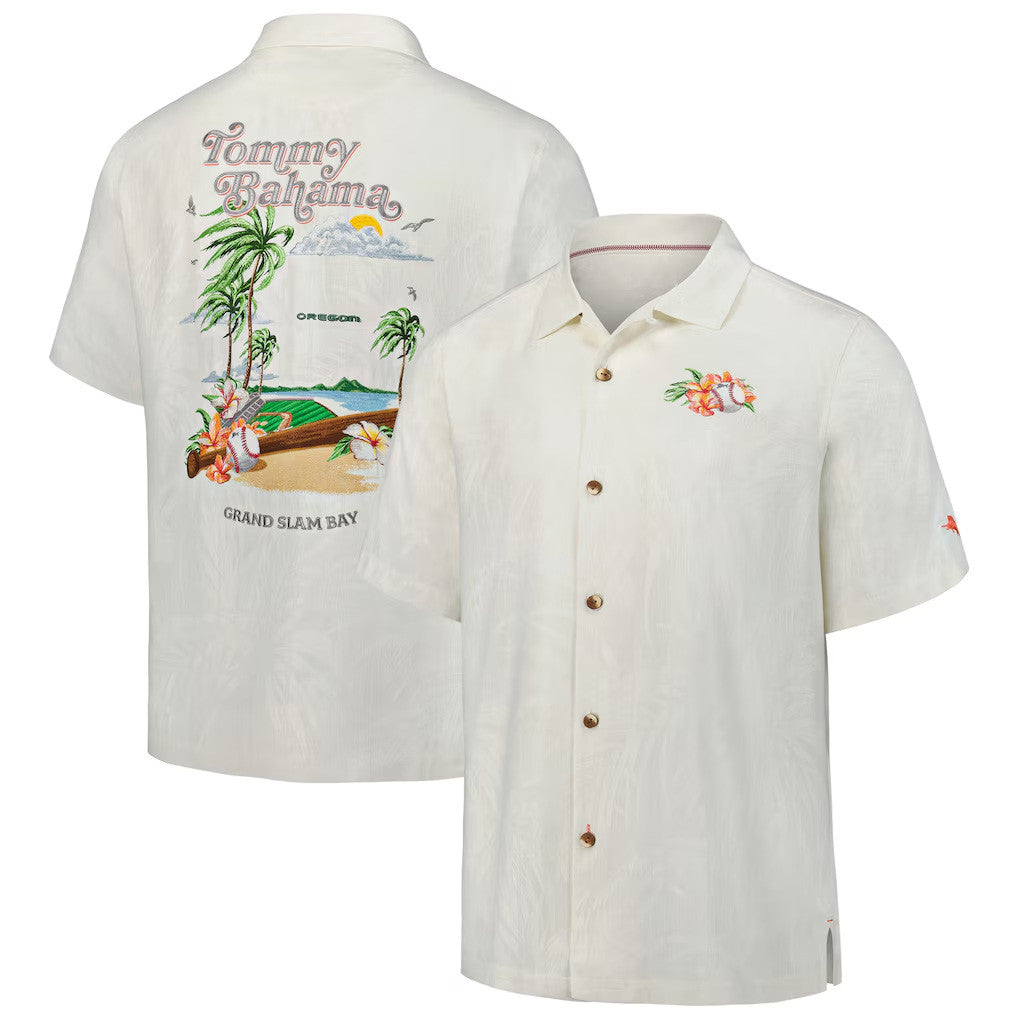 Oregon Ducks Merch 2026 Oregon Ducks Tommy Bahama Grand Slam Bay Camp Hawaiian Shirt White - Merchluma