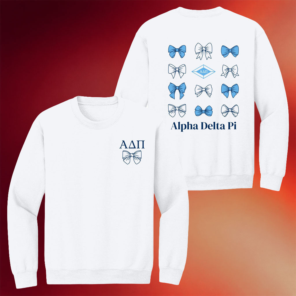 ADPi Market Merch 2026 Greek Bow Bliss Crewneck Sweatshirt White Alpha Delta Pi Merch - Merchluma