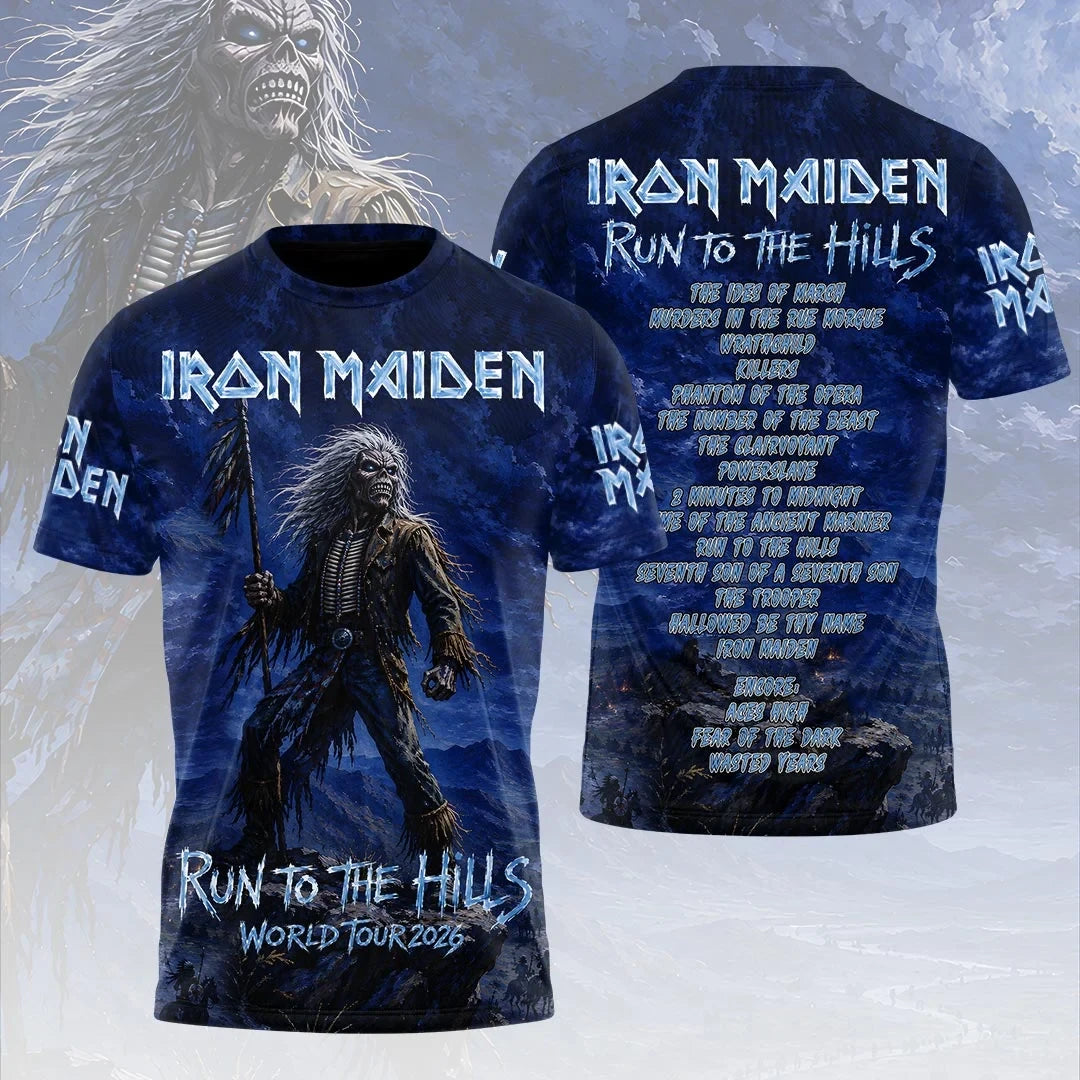 Iron Maiden Merch Run To The Hills World Tour 2026 T-Shirt Heavy Metal Rock Band Graphic Tee - Merchluma